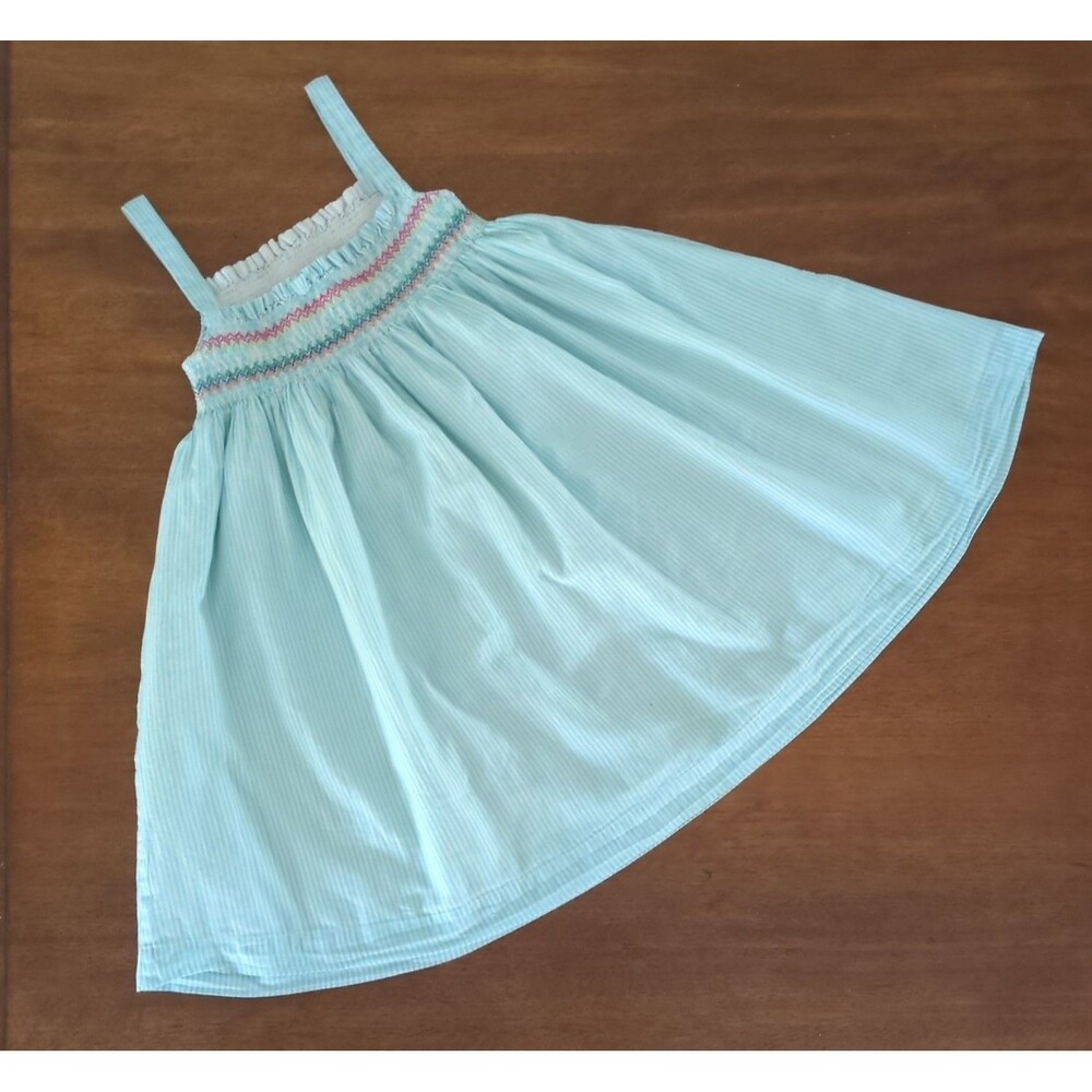 Mini Boden Girls Fun Appliqué Sun Dress Aqua Blue Ticking Parrot size 7/8 GUC - Picture 7 of 10